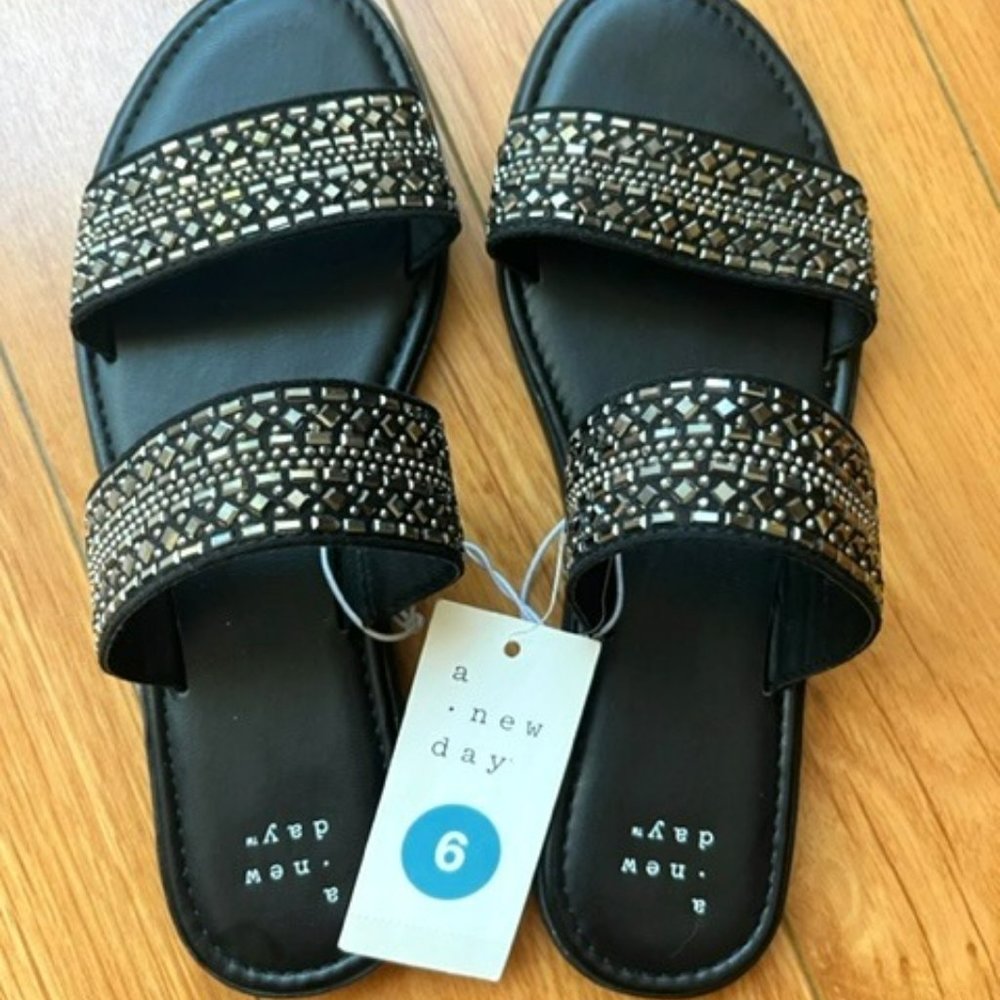 A New Day Flat Black Women Sandal with Silver Stones